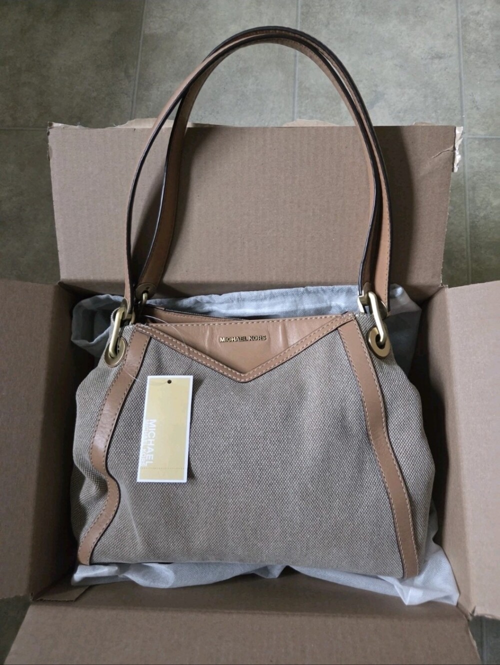 NWT MICHAEL KORS NATURAL COLORS LEATHER/TEXTILE LARGE POCKETS SHOULDER TOTE - Picture 5 of 15